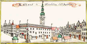 Rathaus in Strehlen und Revier - Ratusz i zabudowania okoliczne, widok oglny